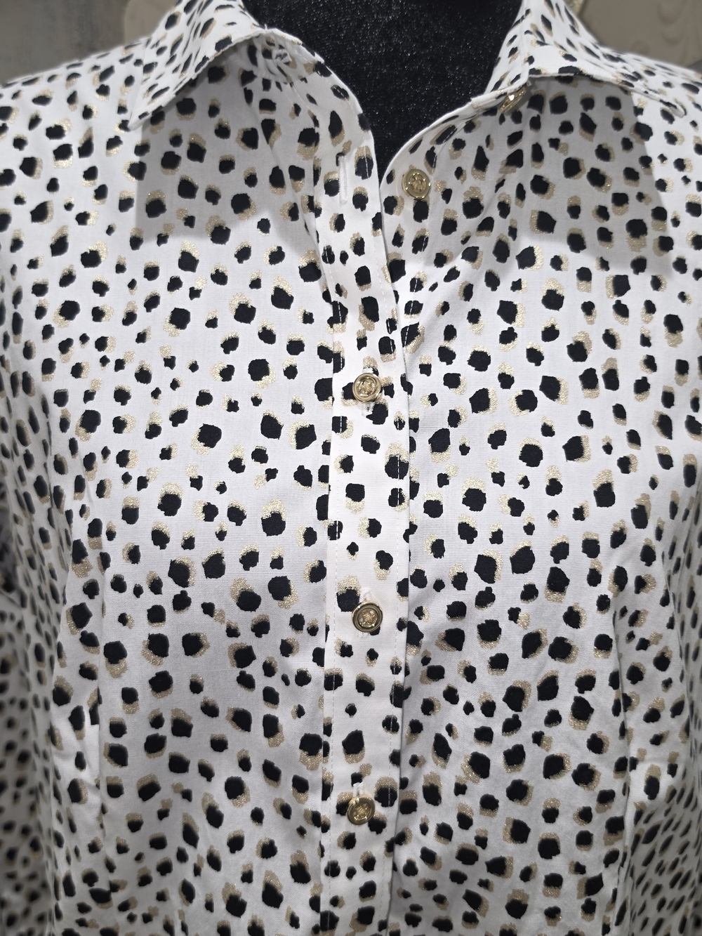 Talbots White Button-Down Shirt with Black and Gold Spot Print Business Casual